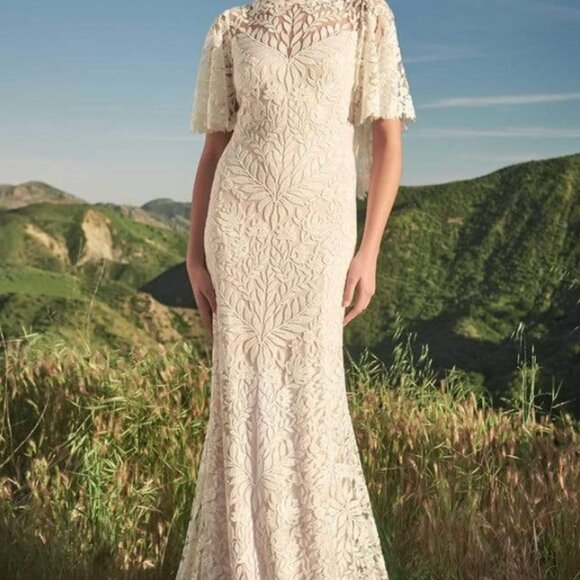 NWT Tadashi Shoji Flutter Sleeve Openback Lace Wedding Dress - Picture 12 of 13